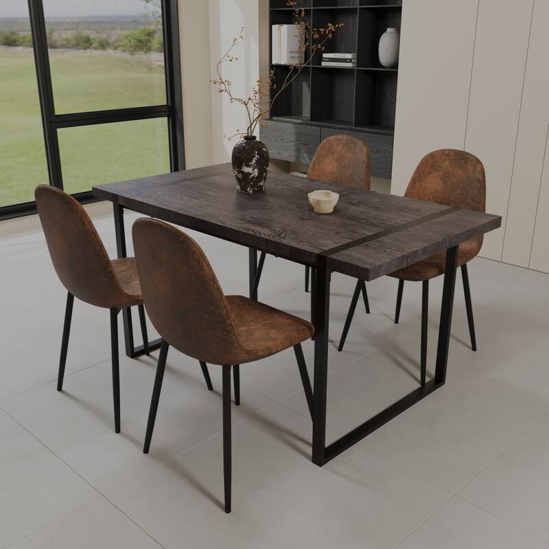 Modern Style 5-Piece Dining Set with Rectangular Wooden Kitchen Table and 4 Round Corner Suede Dining Chairs