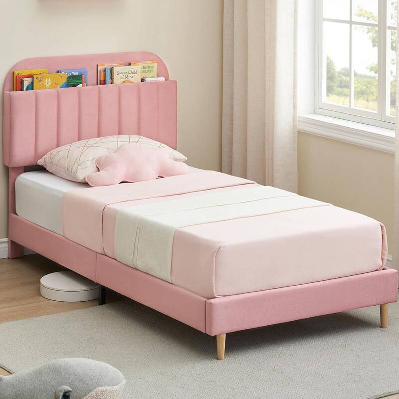 Twin Upholstered Platform Bed Frame with Bookcase Headboard