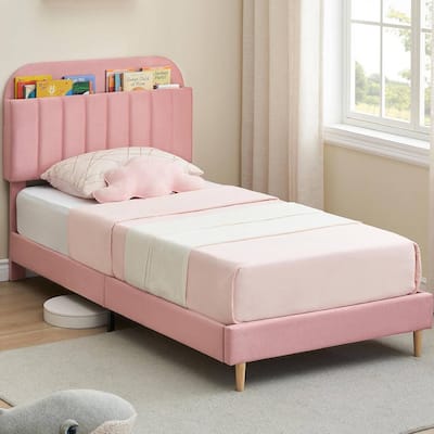 Twin Upholstered Platform Bed Frame with Bookcase Headboard