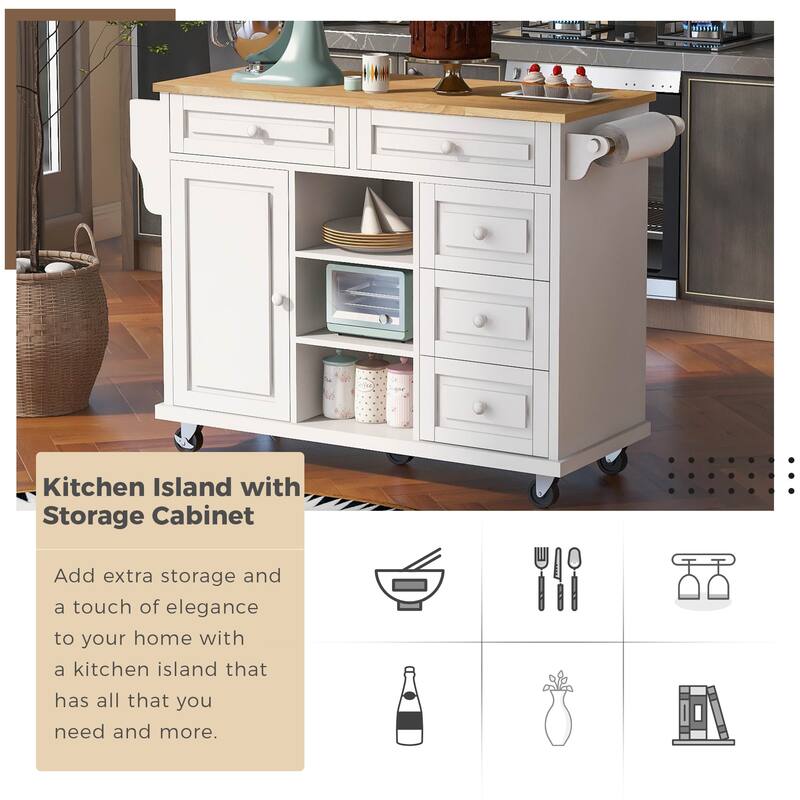 Kitchen Cart With Rubber Wood Desktop Rolling Mobile Kitchen Island With Storage And 5 Draws 53 Inch Length(no include stool)
