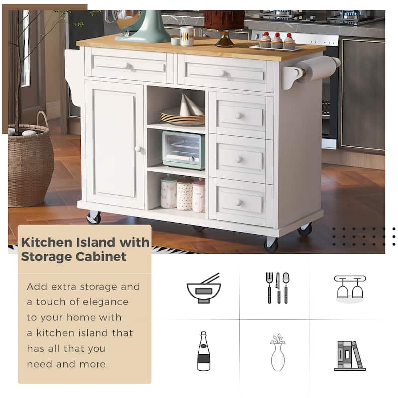 Roomfitters Kitchen Cart with Rubber wood Desktop - Rolling Mobile Kitchen Island with Storage and 5 Drawers, 53 Inch Length