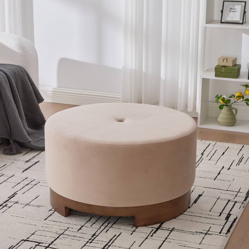 Christopher Knight Home - Monroe Modern Upholstered Ottoman/ Foot Stool with Wooden Base Round - Camel,Dark Walnut
