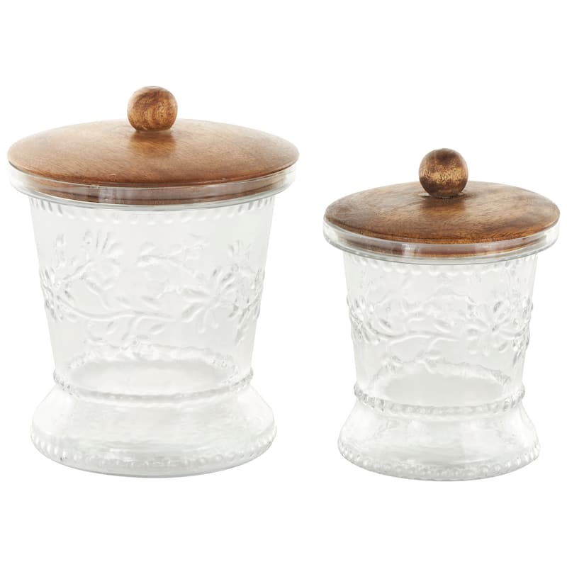 Clear Glass Beaded Floral Living Room Decorative Jars with Brown Wooden Lids and Round Knobs (Set of 2)