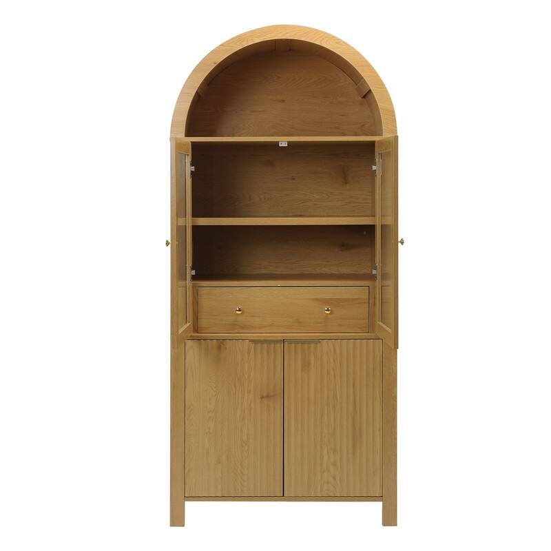 71" Tall Fluted Arched Pantry Cabinet with Glass Doors and Adjustable Shelves for Elegant Kitchen Storage