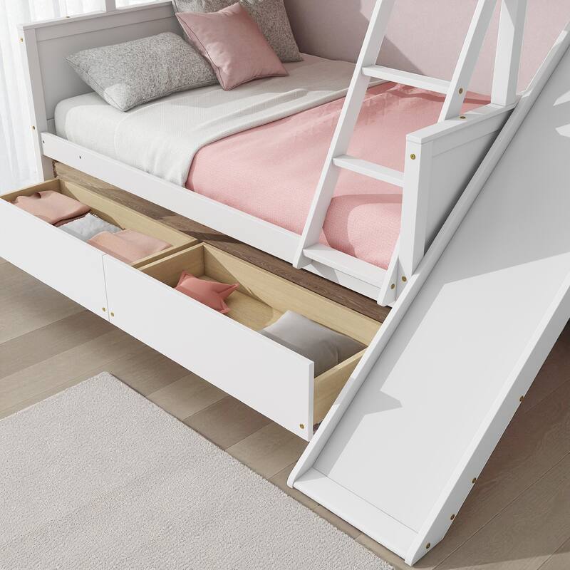 Twin Over Full Rubber Wood Bunk Bed with Slide, 2 Drawers, Shelves and Ladder, Solid Wood Bunk Bed for Kids