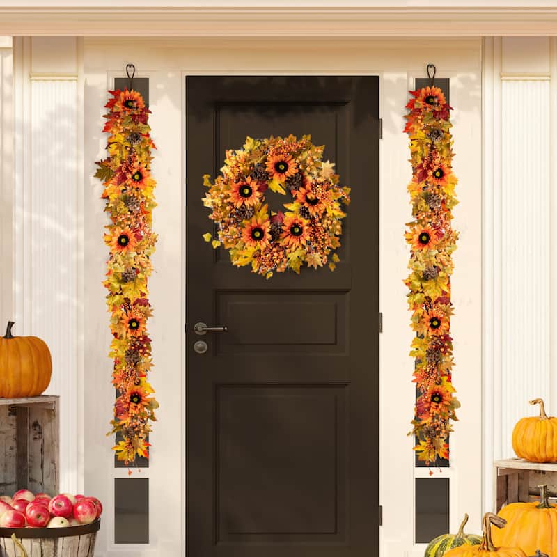 Glitzhome Fall Harvest Sunflower Maple Leaf Berry Garland Swag Wreath - 3-Piece Garlands & Wreath with Hanger