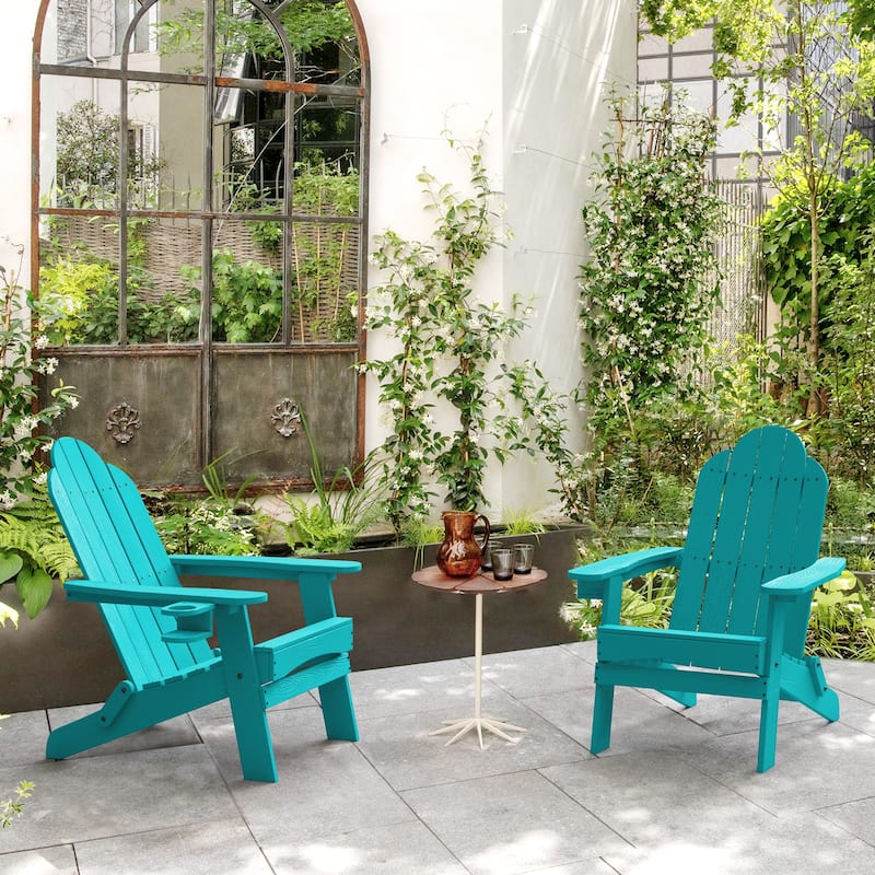 All-Weather Folding Plastic Outdoor Patio Adirondack Chairs With Cup Holder Set of 2 - 35"D x 30"W x 36.2"H