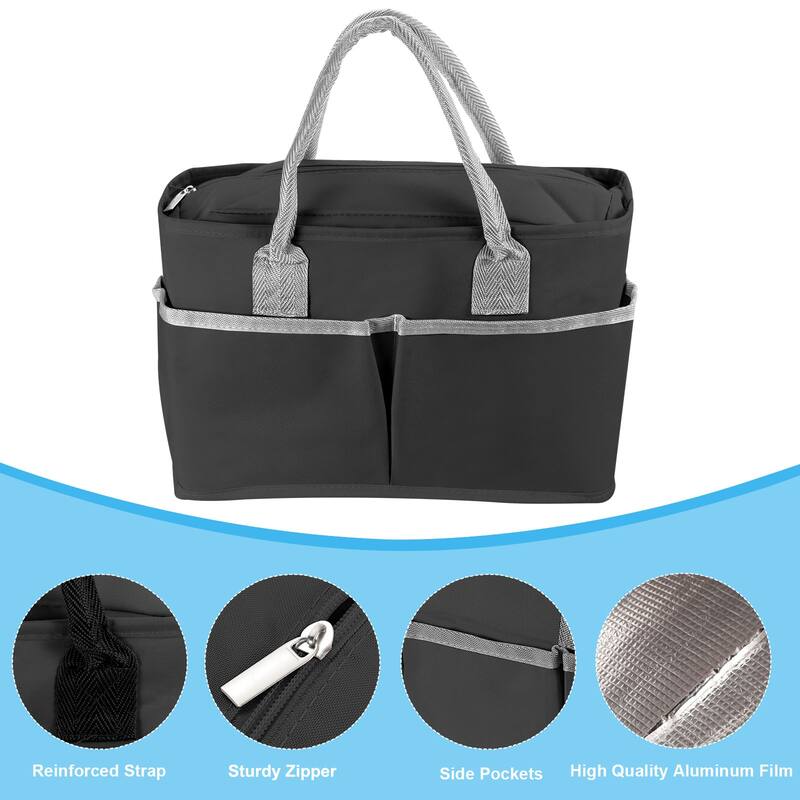 Lunch Bag Tote Bag with Pocket for Work Picnic 11.8"x5.1"x7.9", Black