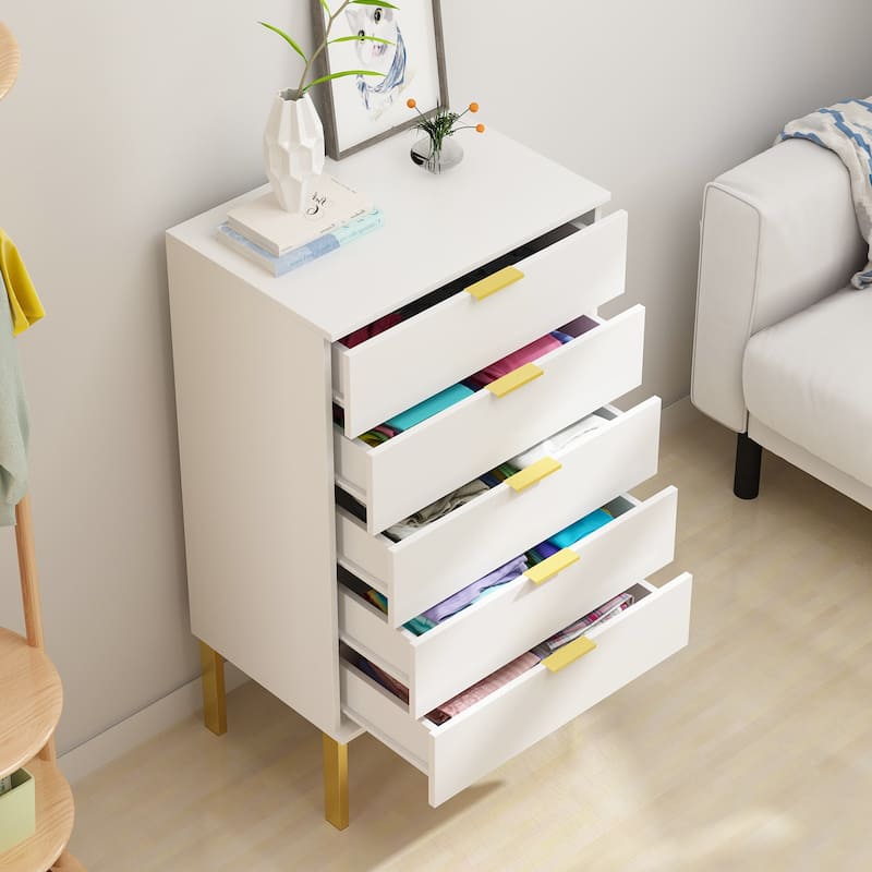 5 Drawer Dresser Chest of Drawers with Metal Leg Wood Dresser Storage