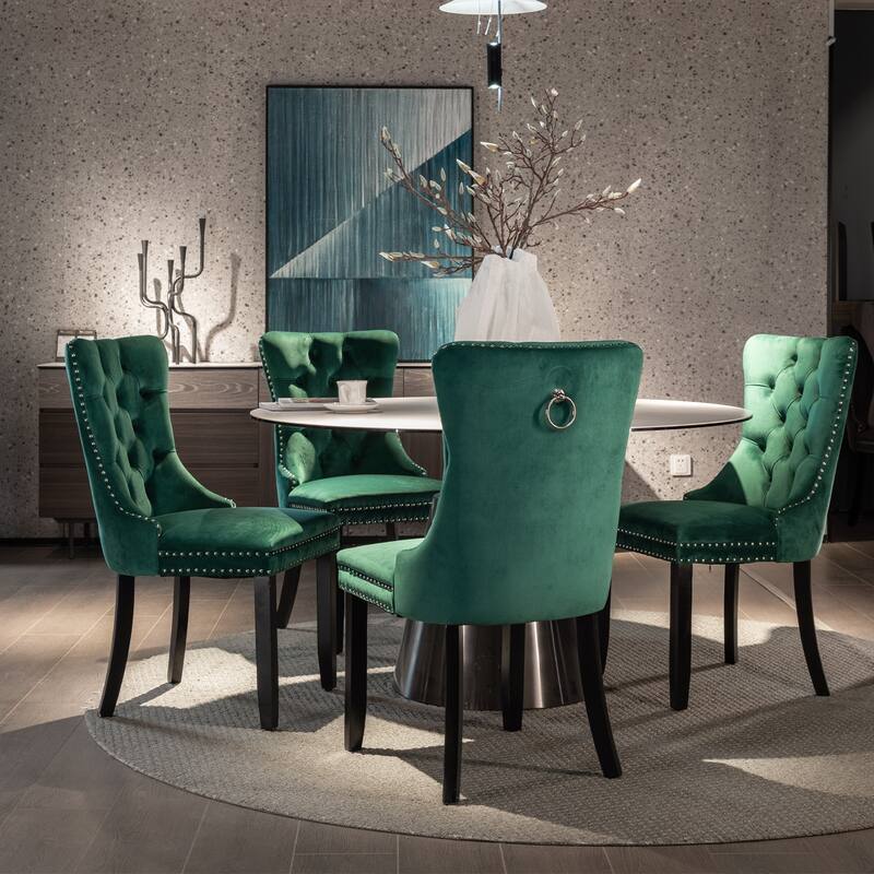 Modern Set of 2 Velvet Tufted Dining Chair with Wood Legs and Nailhead Trim - Green