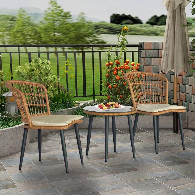 3-piece Outdoor Bistro Set Patio Conversation Wicker Chairs, Glass Table with Seat Cushions - 32.28"H x 21.06"W x 23.62"D