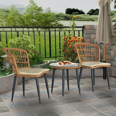 3-piece Outdoor Bistro Set Patio Conversation Wicker Chairs, Glass Table with Seat Cushions - 32.28"H x 21.06"W x 23.62"D