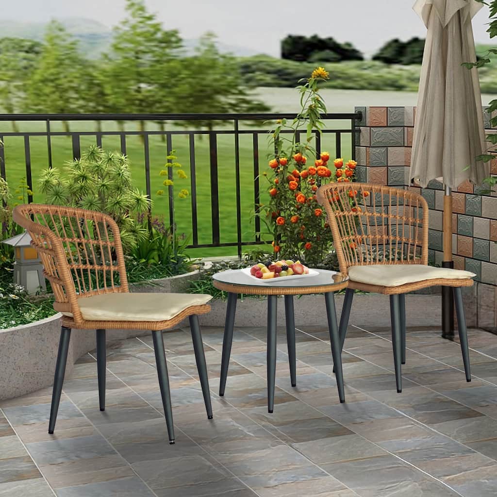 3-piece Outdoor Bistro Set Patio Conversation Wicker Chairs, Glass Table with Seat Cushions - 32.28"H x 21.06"W x 23.62"D