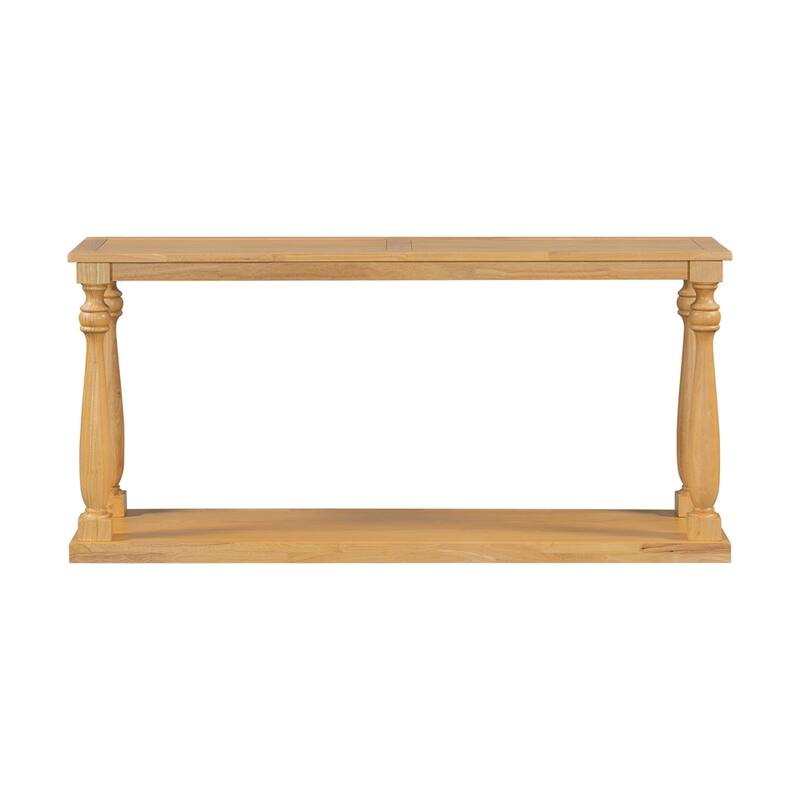 Vintage Wood Grain Console Table with Bottom Shelf and Four Vase Legs