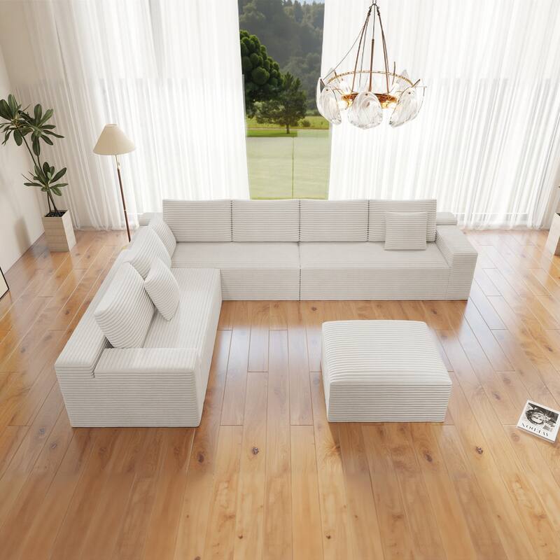 Roomfitters 137.8" Modular Sectional Sofa, 4-Piece Compressed Cloud Couch, No Assembly Required, Plush Corduroy, White