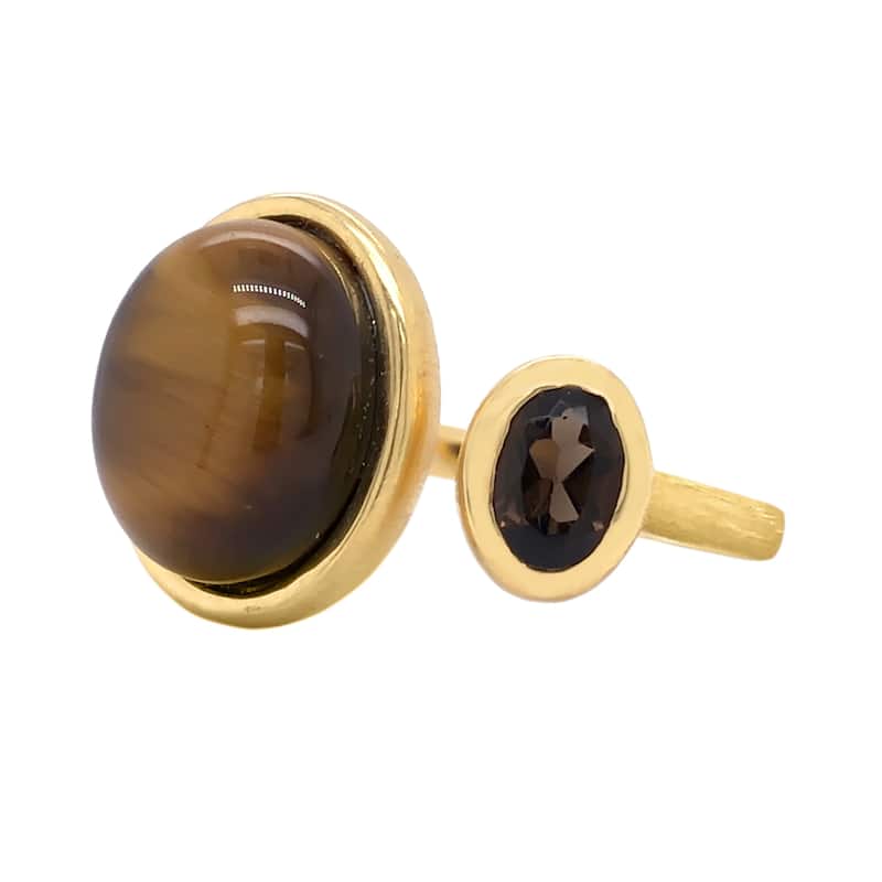 18K Yellow Gold Over Sterling Silver Tiger Eye, Smoky Quatrz Ring