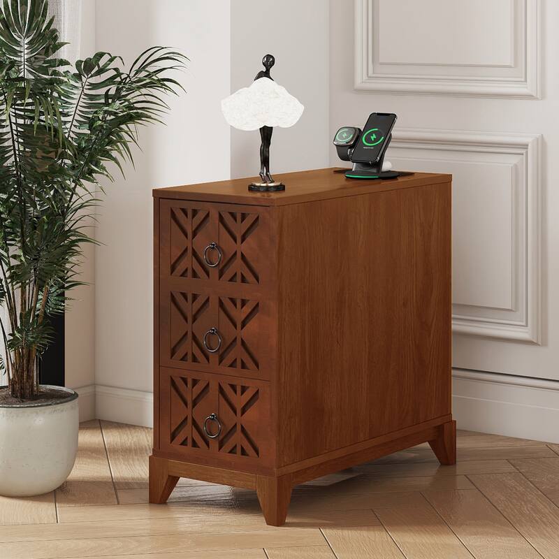 Tall Side Table End Table with Charge Station