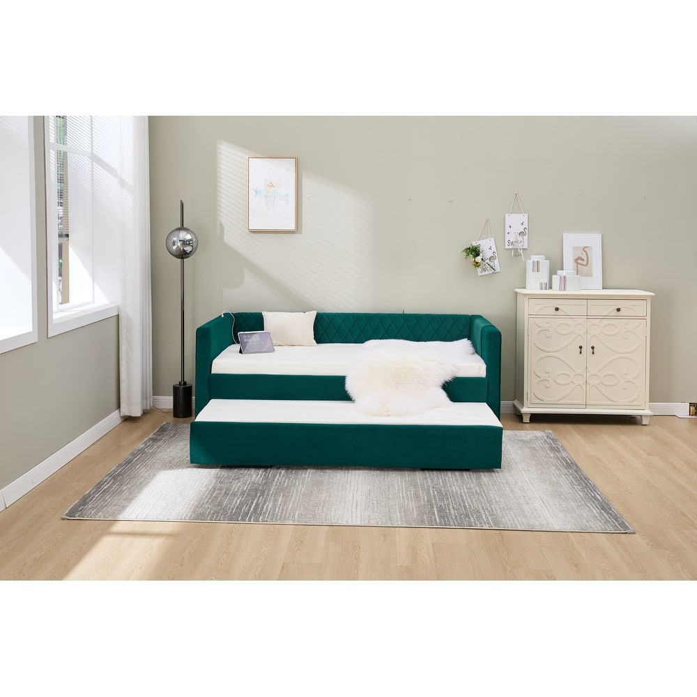 Tufted Upholstered Daybed with Lift Up Trundle, Twin Size Velvet Platform Sofa Bed with Charging Ports and Side Pocket