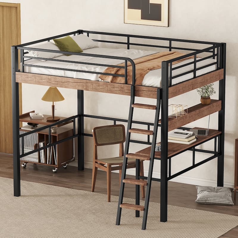 Black Metal Full Size Loft Bed with Built-in Desk and Storage