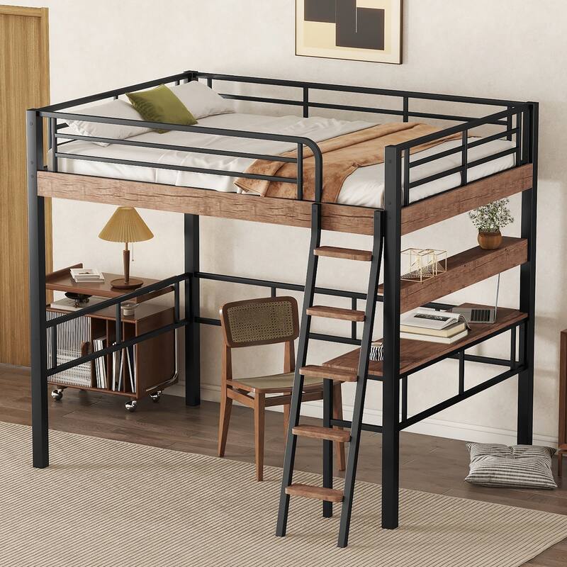 Metal Loft Bed with Built-In Desk, Storage Shelf and Ladder