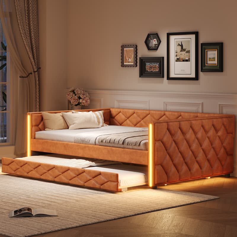 Full XL Size Upholstered Daybed with Trundle and LED - Brown