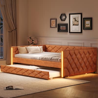 Full XL Size Upholstered Daybed with Trundle and LED