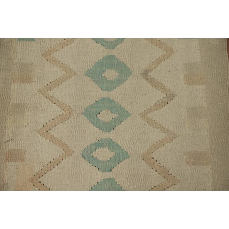 Hand Woven Oriental 100% Wool Carpet Southwestern Tribal Beige & Ivories Kilim Runner Rug - 5' 8'' X 2' 0''