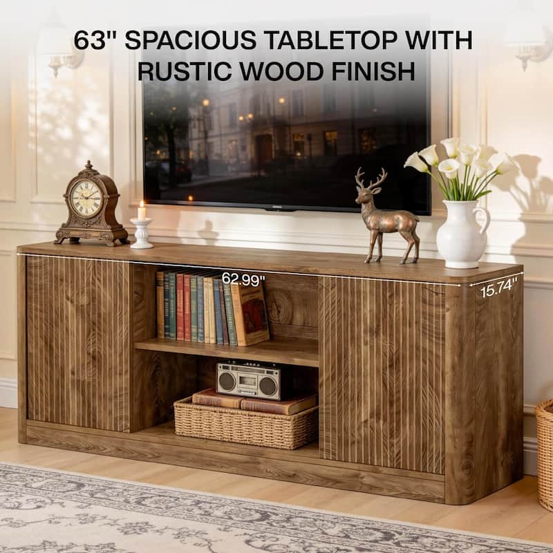 63 TV Stand for TVs Up to 65, Fluted Media Console with Open Storage & Side Cabinets, Wood Floor Standing TV Console Table