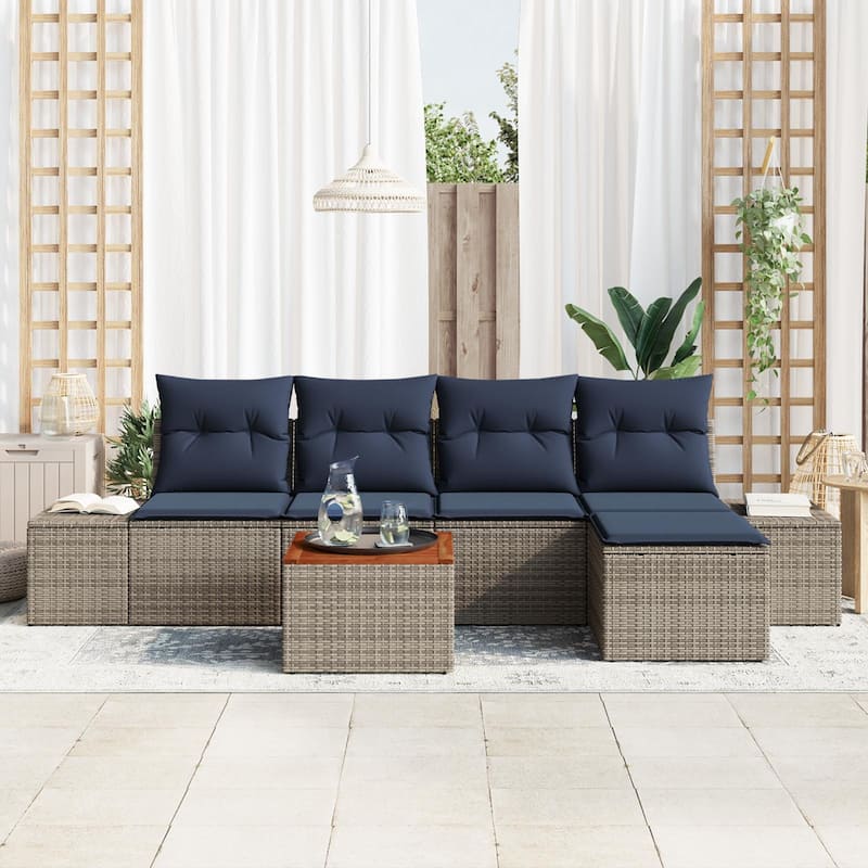 vidaXL 6 Garden Sofa Set with Cushions Black/Grey Poly Rattan - 115.7 x 24.4 x 27.2
