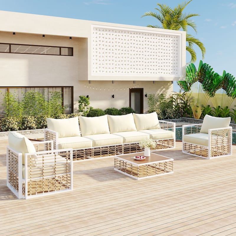 Roomfitters Modern 7-Piece Metal Patio Sectional Sofa Set with Thick Cushions and Coffee Table
