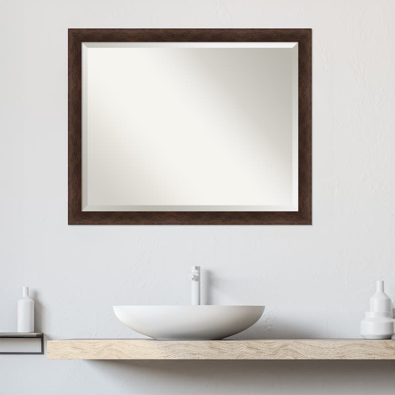 Warm Walnut Narrow Beveled Wood Framed Bathroom Vanity Wall Mirror - Warm Walnut Narrow