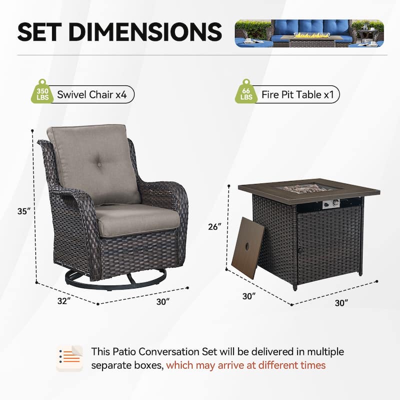 Gymojoy 5-Piece Outdoor Furniture Chair Set, 4 Swivel Chairs & 55K BTU Fire Pit Table