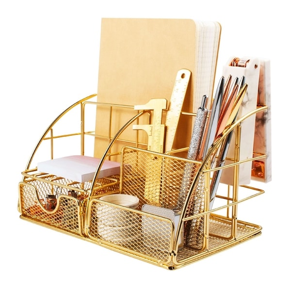 Shop Zodaca Glossy Gold Desk Organizer With Drawer Pen Holder Metal Mesh Office Accessories For Women Overstock 32158345