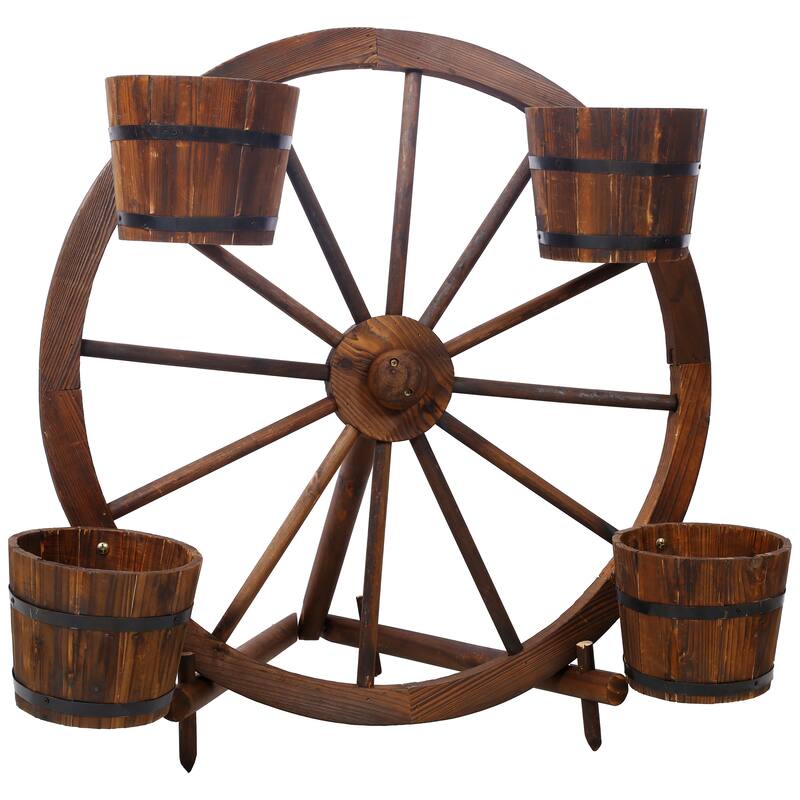Wood wagon wheel barrel planter, Wagon Wheel Barrel Planter Display