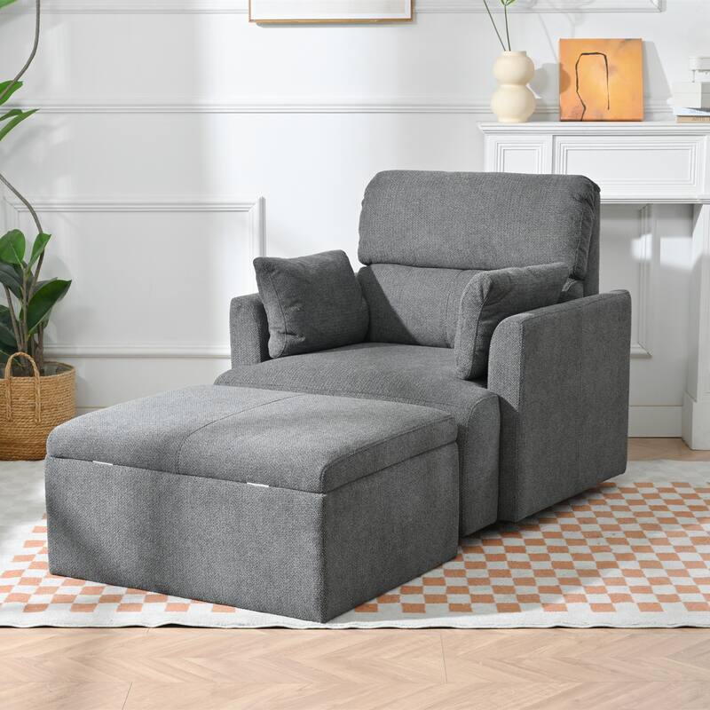 Mid-Century Wide & Deep Seat Accent Armchair with Srotage Ottoman