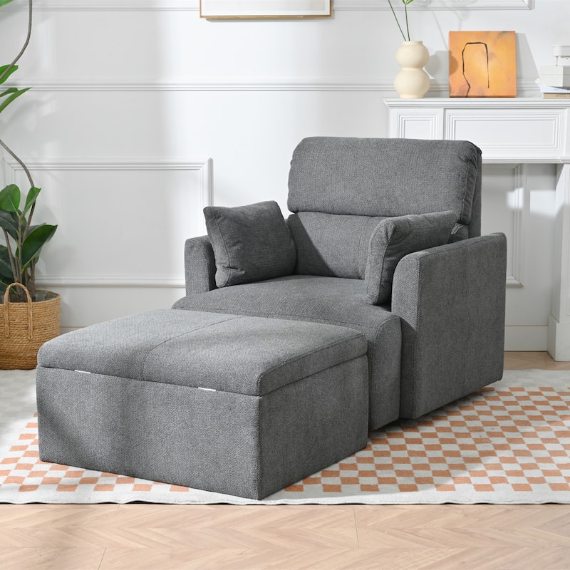 Oversized Single Sofa Chair Upholstered Velvet Fabric Chair Lounges wStorage Ottoman, Wide Accent Armchair Chair for Living Room - Dark Gray