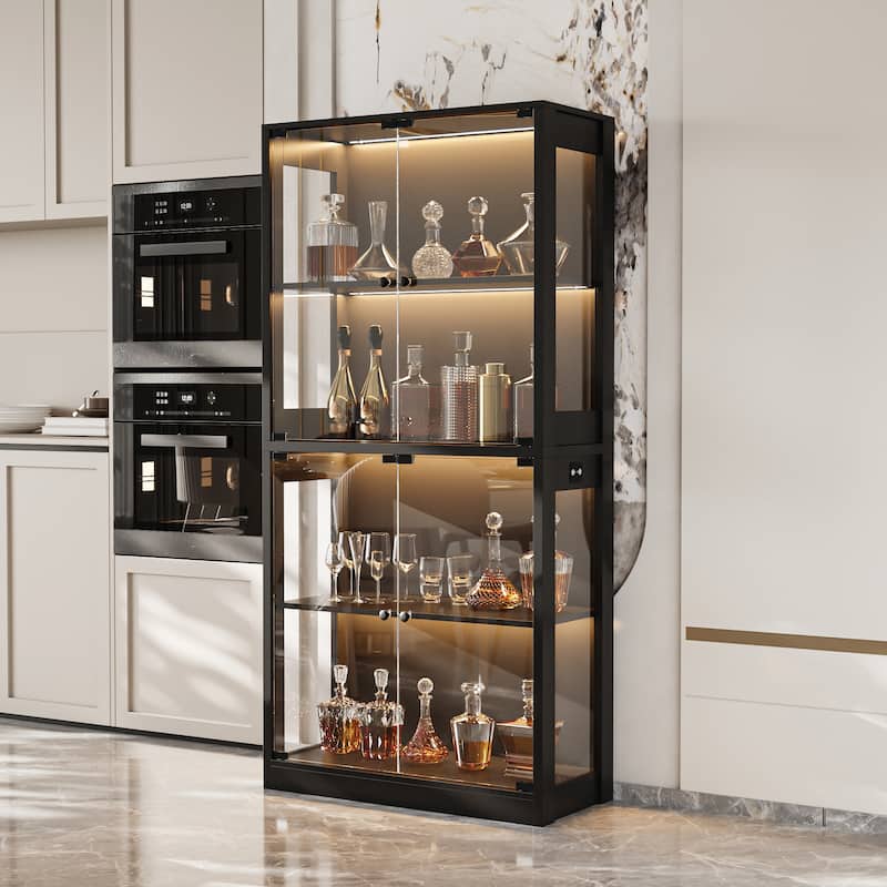 Glass Display Cabinet with 4 Doors LED Strip Light Pantry Buffet Wine Cabinet - 31.5"x65"