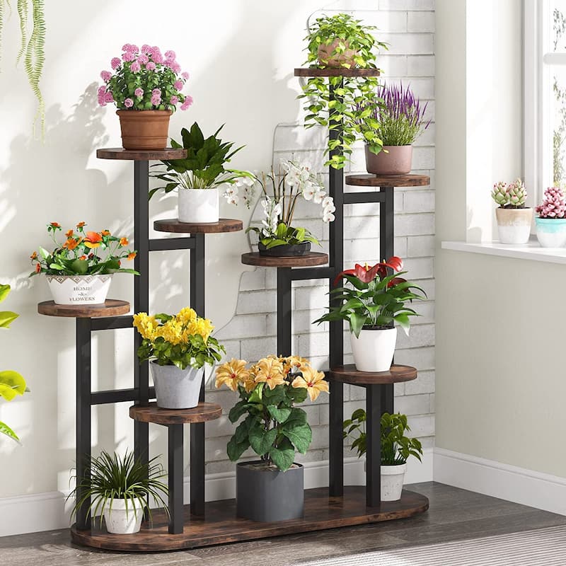 Multi-Tiered 11 Potted Plant Stand Flower Shelf Indoor - Brown