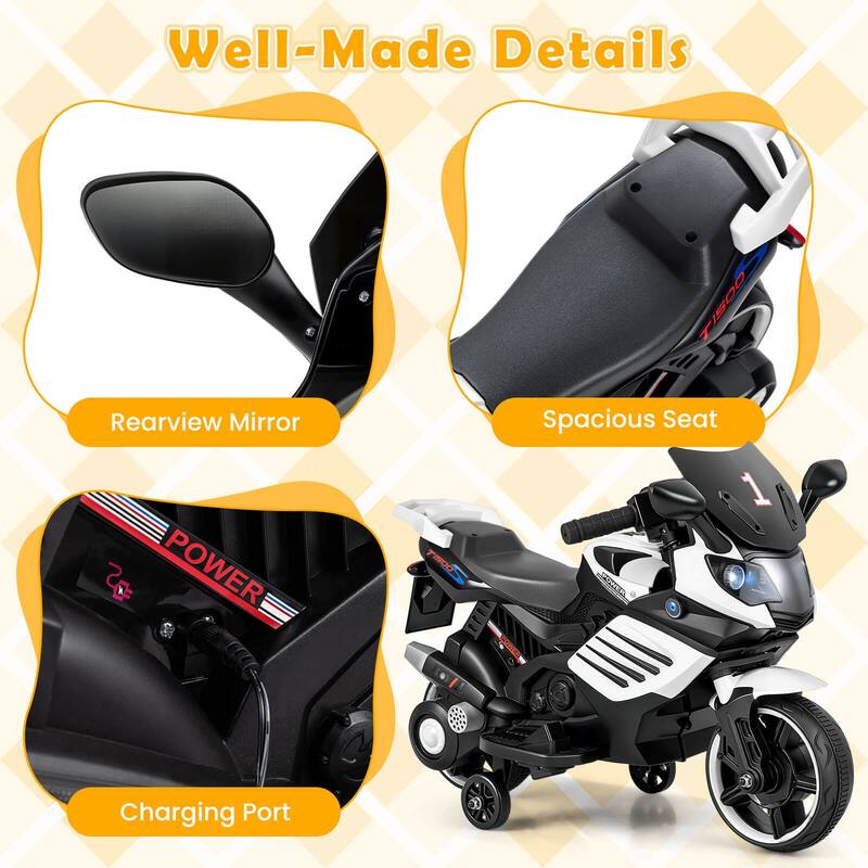 Costway 6V Kids Motorcycle with Music, Horn, Detachable Training