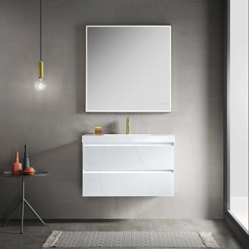 LED Lighted Floating / Wall Huang Vanity with Acrylic Sink and Comfortable Dimmed Vanity Light - White - Mirror - 36 in