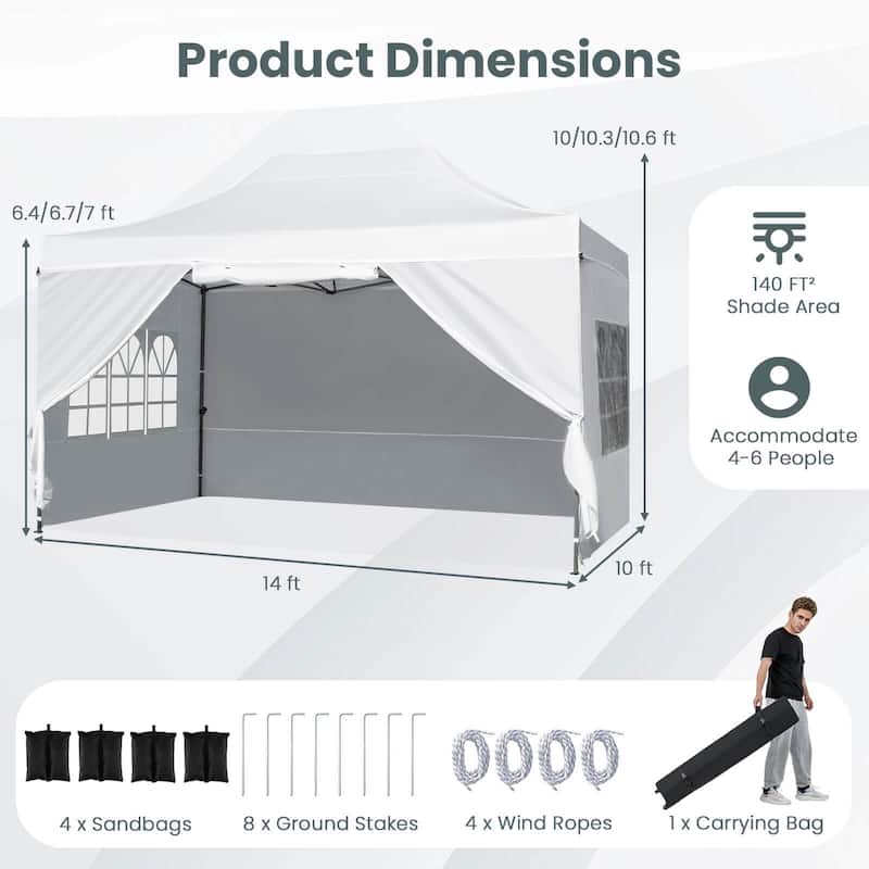 Costway 10 X 14 FT Pop up Canopy Tent with 4 Sidewalls, Wheeled Bag, 4 - See Details