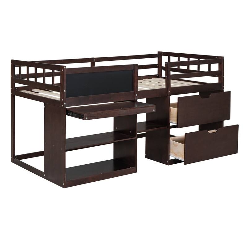 Twin Size Low Loft Bed with Rolling Desk and Storage Drawers