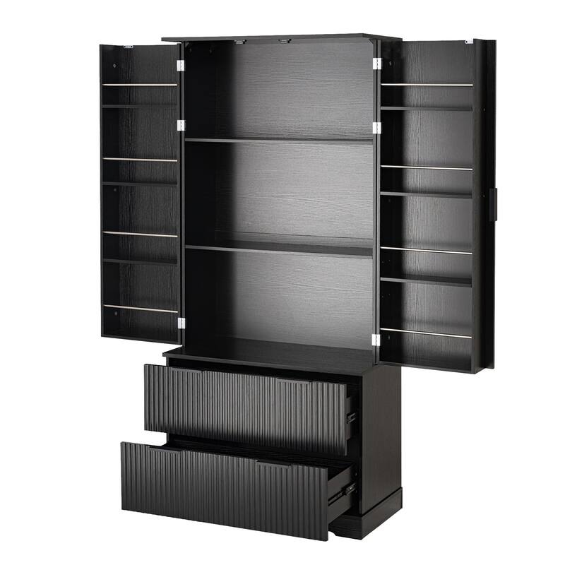 71.65" H Fluted Kitchen Pantry Cabinet, Freestanding Storage Cabinet Buffet Sideboard with 2 Large Drawers & 8-Door Spice Rack
