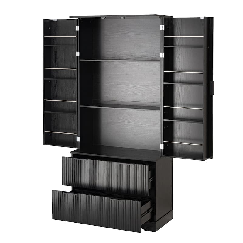 Fluted Kitchen Pantry Cabinet, 2 Doors Freestanding Kitchen Storage Cabinet with 2 Drawers, 8 Spice Racks & Adjustable Shelves