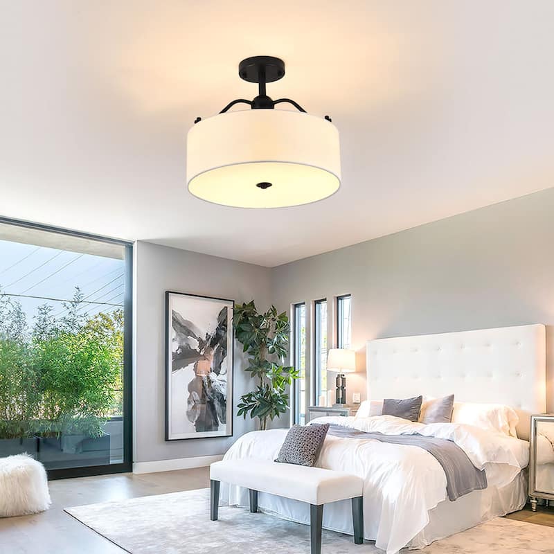 3-Light Modern Fabric Drum - Shaped Semi Flush Mount Ceiling Light - Matte Black