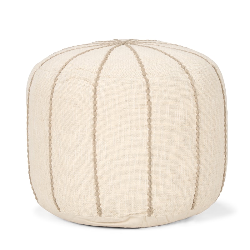 HomeRoots 18" Beige and Taupe Fabric Striped Round Pouf Ottoman