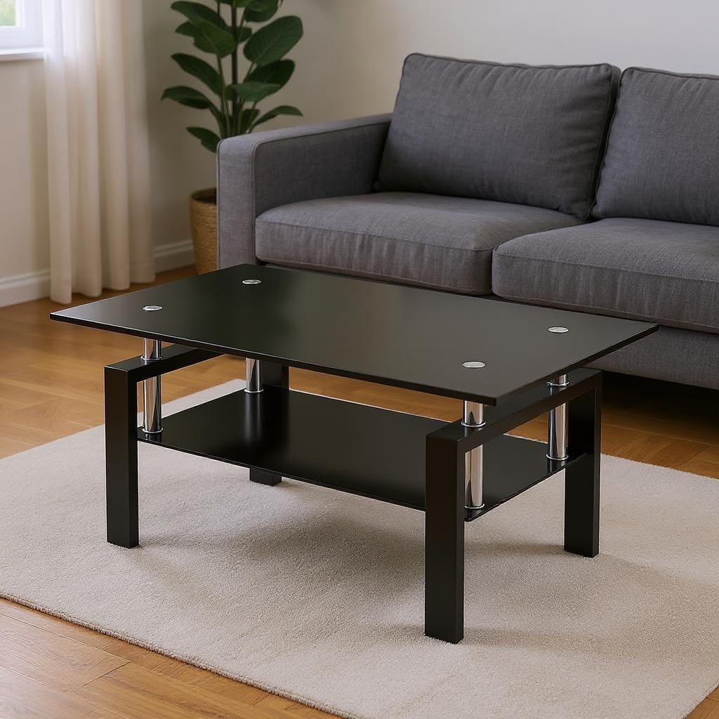 HomeRoots 39" Black Glass and Steel Coffee Table With Shelf - 39.37 in. x 17.32 in. x 23.62 in.
