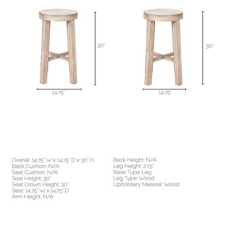 Mercana Brahma 30" Total Height White Washed Wood Seat & Base Stool