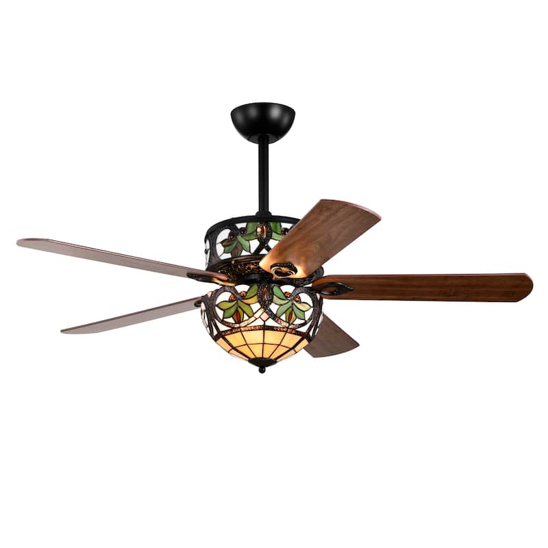 Temid 5-Blade Lighted Ceiling Fan 2-Tier Tiffany Style Glass
