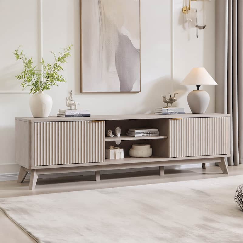 70" Modern Fluted TV Stand for Living Room, Wood Entertainment Center - WhiteAlder